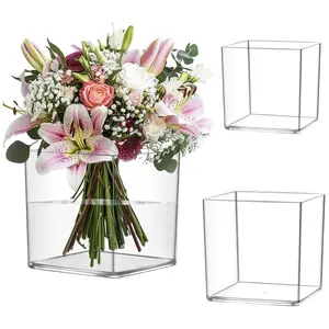 Set of 3 Acrylic Square Vases, Transparent Plastic Cube Planters, Wedding Centerpiece Decor, Home Office Floral Pots, No Bouquet Included
