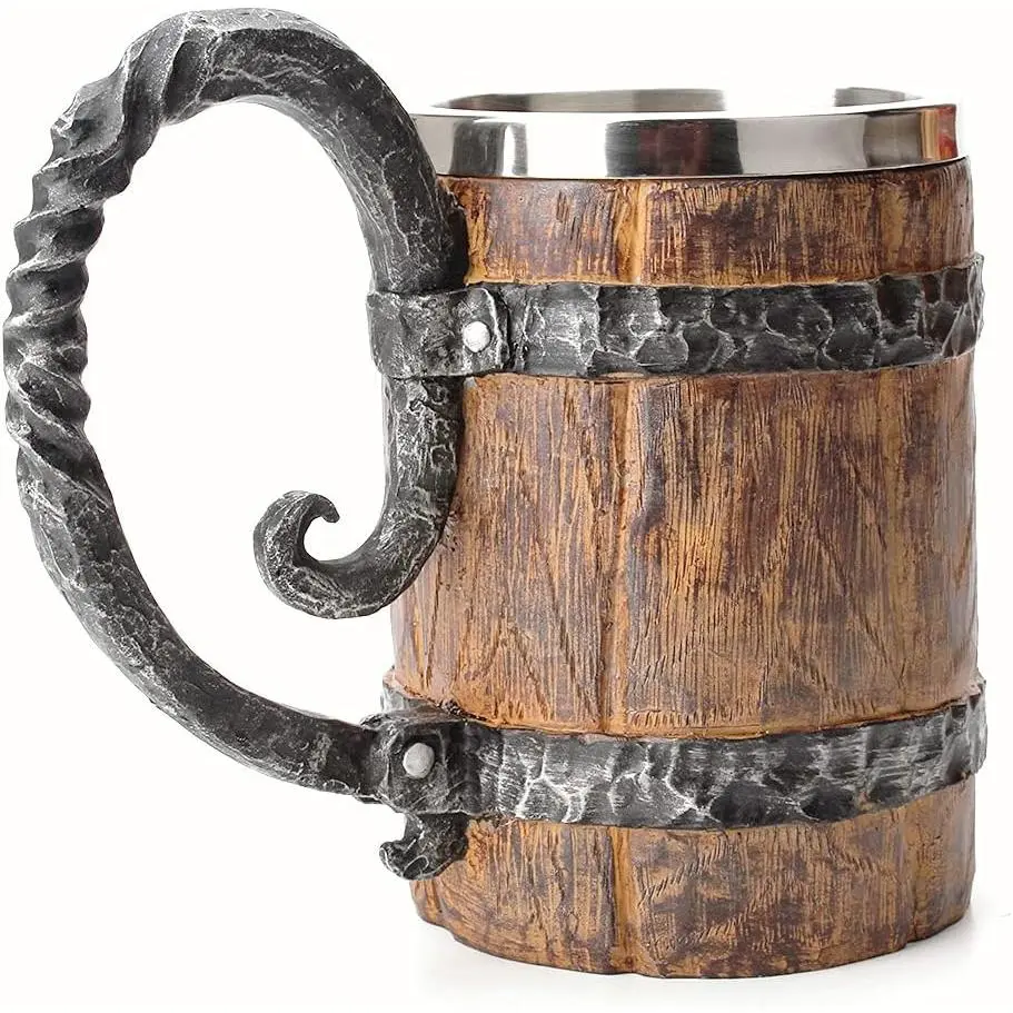 Faux Oak  Barrel  Mug, Medieval Retro  Stainless Steel Coffee Cup Stein Tankard,17oz/500ML Cup Mug,