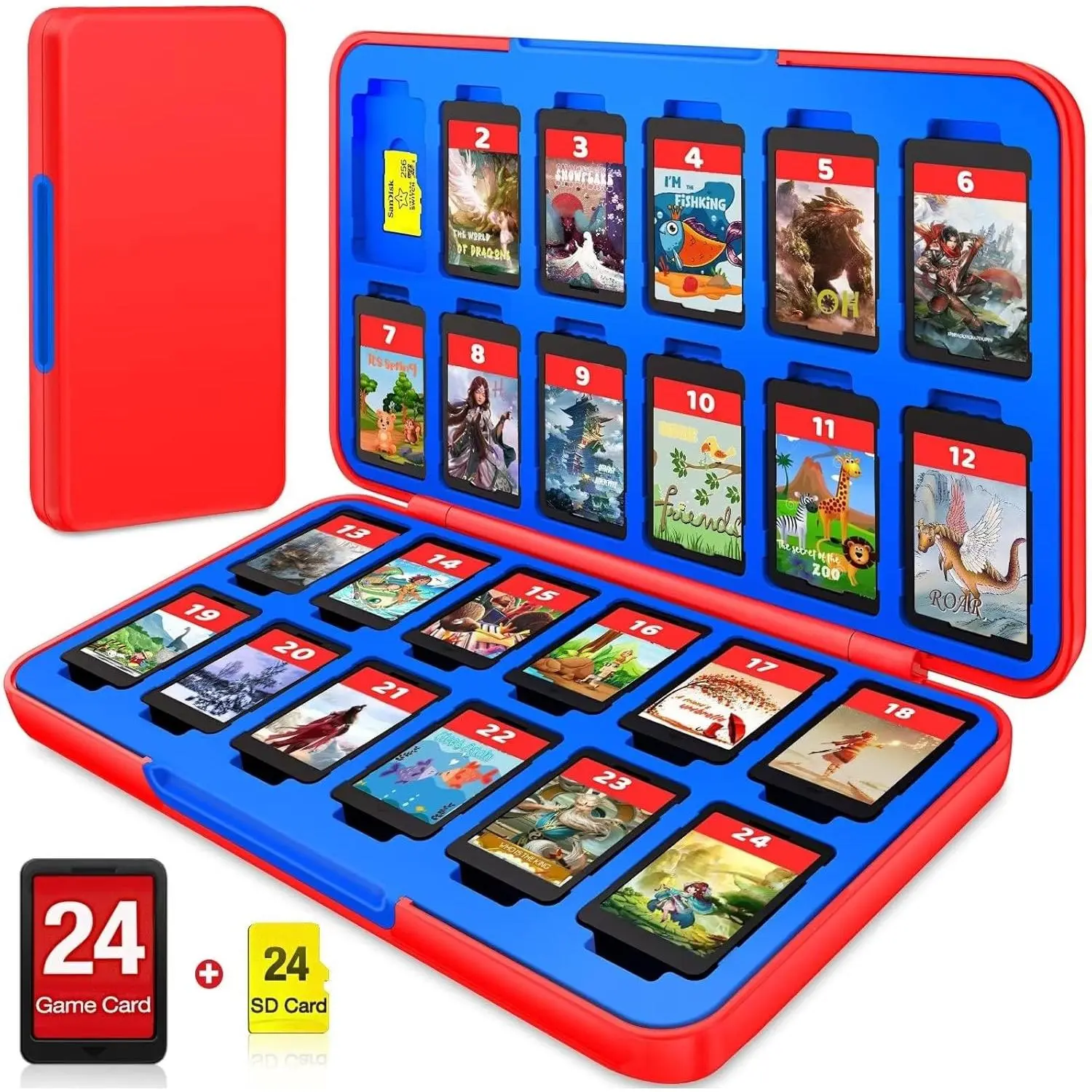 F-APT10 Compact Durable Game Card Case Holder for Nintendo Switch/Switch 2(2025) - ABS Hard Shell Organizer with 24 Game Slots, 24 Micro SD Card Slots, Soft Silicone Accents, 1:1 Size Portable Protective Travel Accessory, Red Blue
