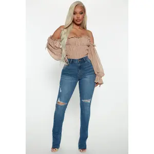 Best Stretch Ripped High Rise Bootcut Jeans - Dark Wash