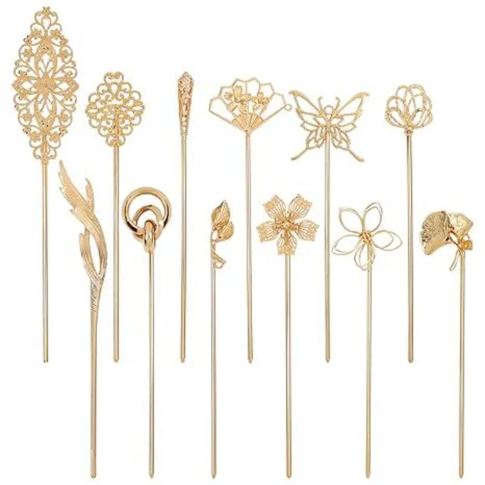 12 Pack Gold Decorative Chinese Vintage Butterlfy Flower Metal Hair Sticks Chopsticks Retro Hair Pins Forks Hairpins Long Thick Hair Accessories for Women Girls