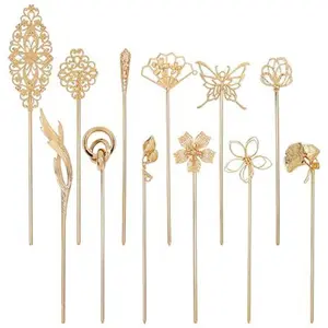 12 Pack Gold Decorative Chinese Vintage Butterlfy Flower Metal Hair Sticks Chopsticks Retro Hair Pins Forks Hairpins Long Thick Hair Accessories for Women Girls