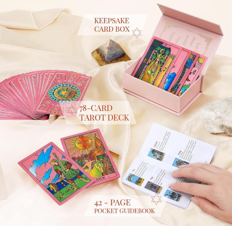 LYINGFISH Pink Tarot Cards for Beginners with Guide Book Gold Foil Meanings Waterproof Rider Waite Taro Deck Fortune Telling Game Classic Origina