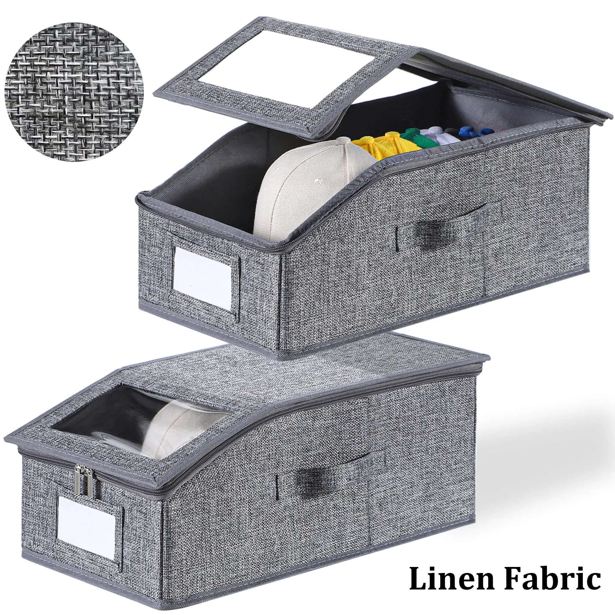 Linen Fabric Hat Storage Organizer for Baseball Caps, Holds Up to 24 Hats, Durable Cardboard, Dustproof, Transparent Window, Hat Organizer For Men, Hat Rack, Cap Holder, ADHD Organizer