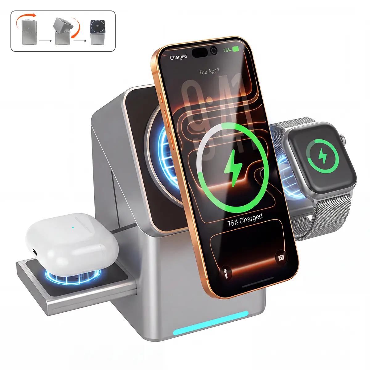 3-in-1 Wireless Charger Fast Charging Station with 15W Adapter for iPhone & Samsung iWatch AirPods Magnetic One-Click System Automatic Rotation Easy Carry