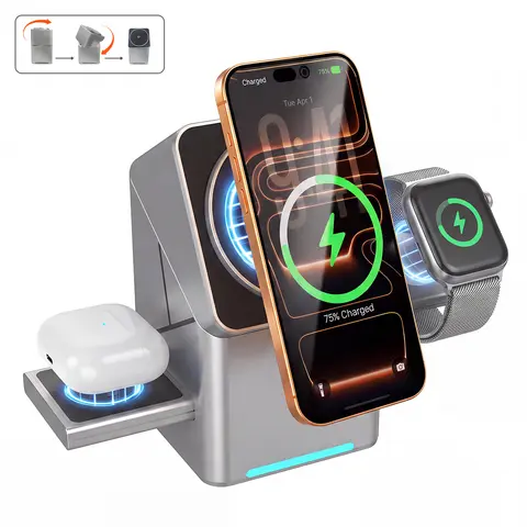 3-in-1 Multiple Wireless Fast Charging Station with 15W Adapter, Magnetic Click System, Auto Rotate, Easy-Carry for iPhone, Samsung, iWatch, AirPods, Electronic Pad