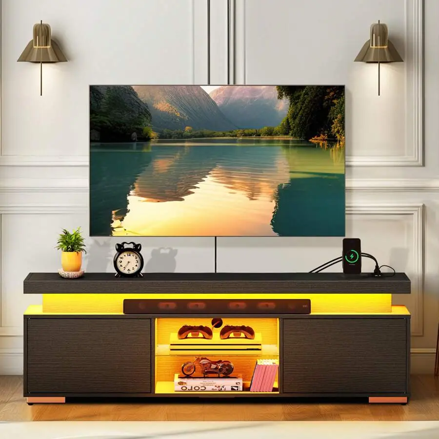 Modern Black TV Stand With Charging Station & LED Lights For 55/60/65 Inch TV Entertainment Center Media Console, Furniture For Home, For Living Room