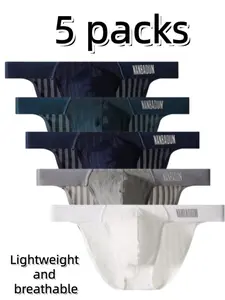 Men's Striped Mesh Triangle Underwear Set, High Stretch Breathable U Pouch, Sexy Low Waist Sports Gym Wear, Workout Underwear, 5 Pack
