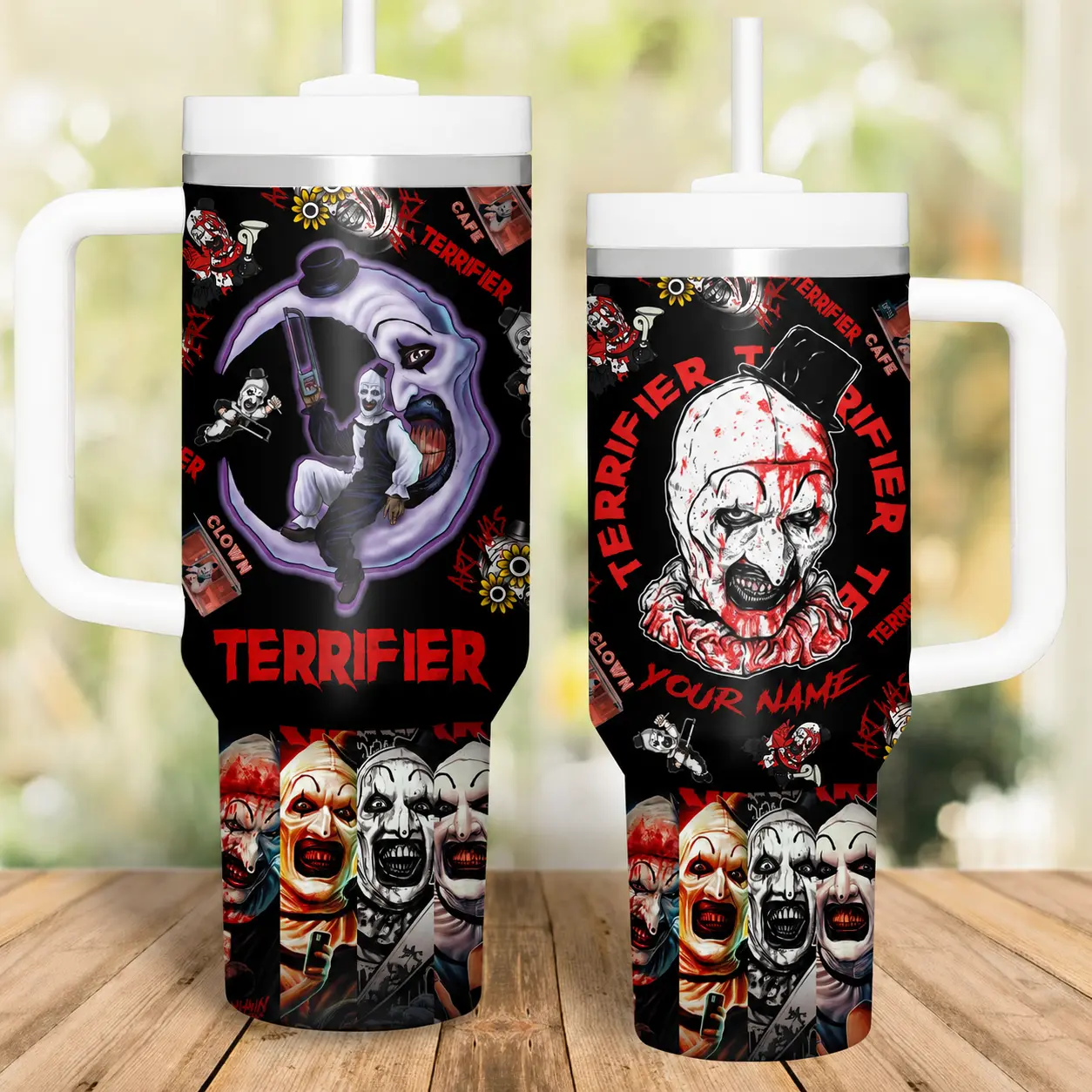 Personalized Terrifier Art the Clown 40oz Tumbler with Handle and Straw, Custom Name Horror Movie Travel Cup, Bloody Scary Clown Collage Design, Halloween Slasher Fan Gift, Insulated Stainless Steel Mug, Gothic Horror Drinkware