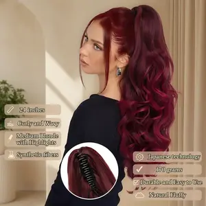 Name 24" Long Curly Wavy Claw Clip in Medium Blonde with Highlights Synthetic Hairpiece for Women Natural Fluffy Japanese Technology Pre Braided Glueless Clip in Hair Extensions ponytail ponytail extension jaw