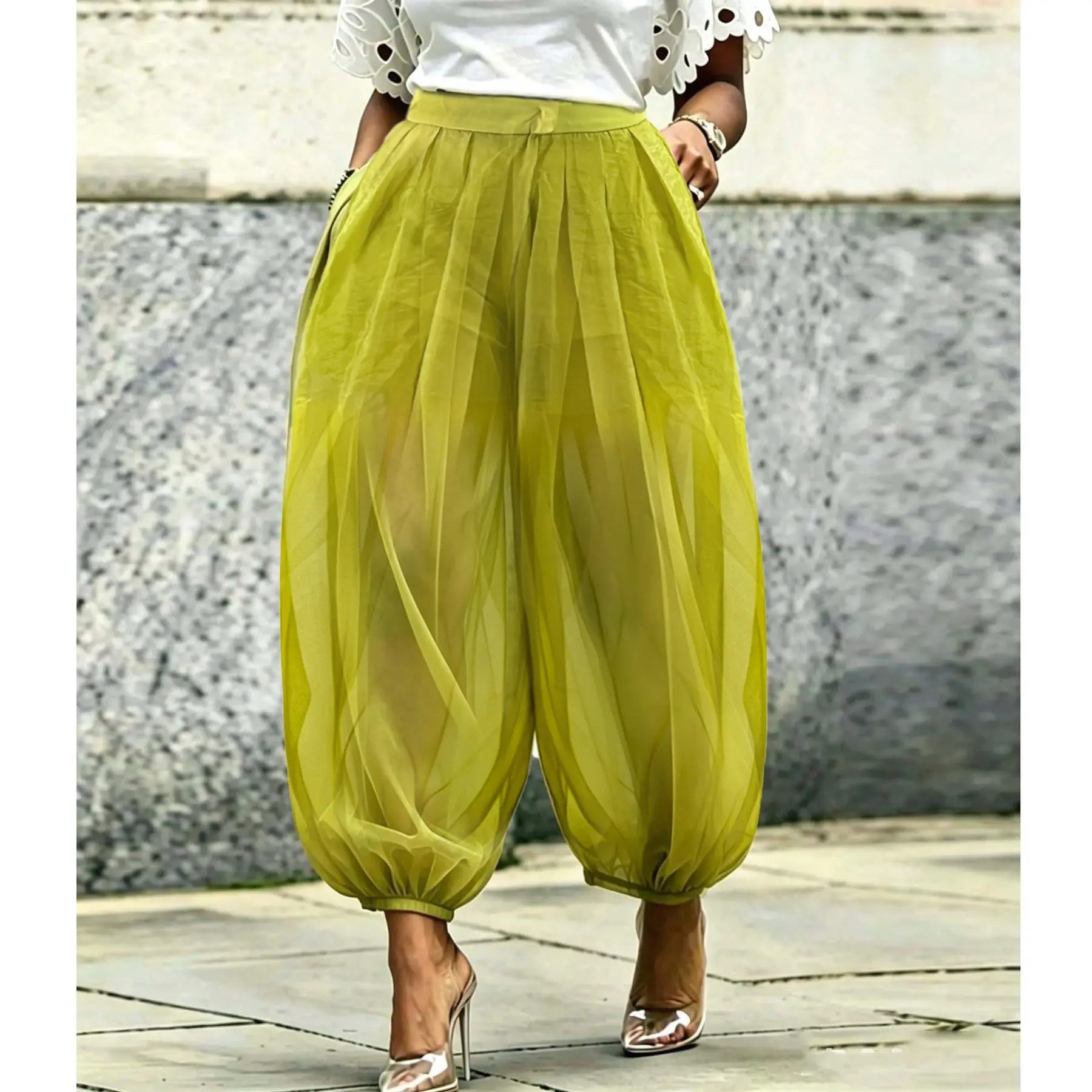 Women's Summer 3-Color Sheer Mesh Balloon Pants - High Waist Oversized Baggy Harem Beach Cover Up with Built-in Shorts, Chic Casual Plain Basics Apparel for Vacation Holiday, Women's Bottoms with Button