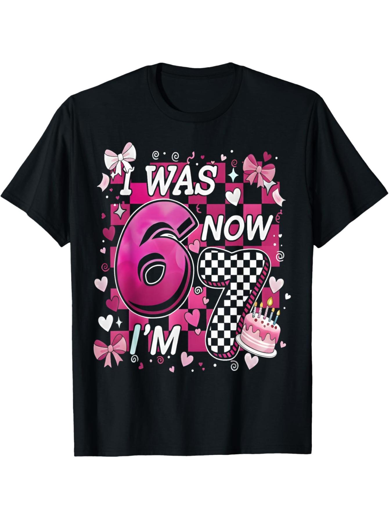 Kids Boys Girls 7th Birthday T-Shirt - "I Was 6 Now I'm 7" Pink Checkered Age 7 Number 7 Print - Soft Breathable Cotton Preshrunk Jersey Round Neck Tee for 7 Year Birthday Outfit for Boys & Girls 7 Years (3-13Y)