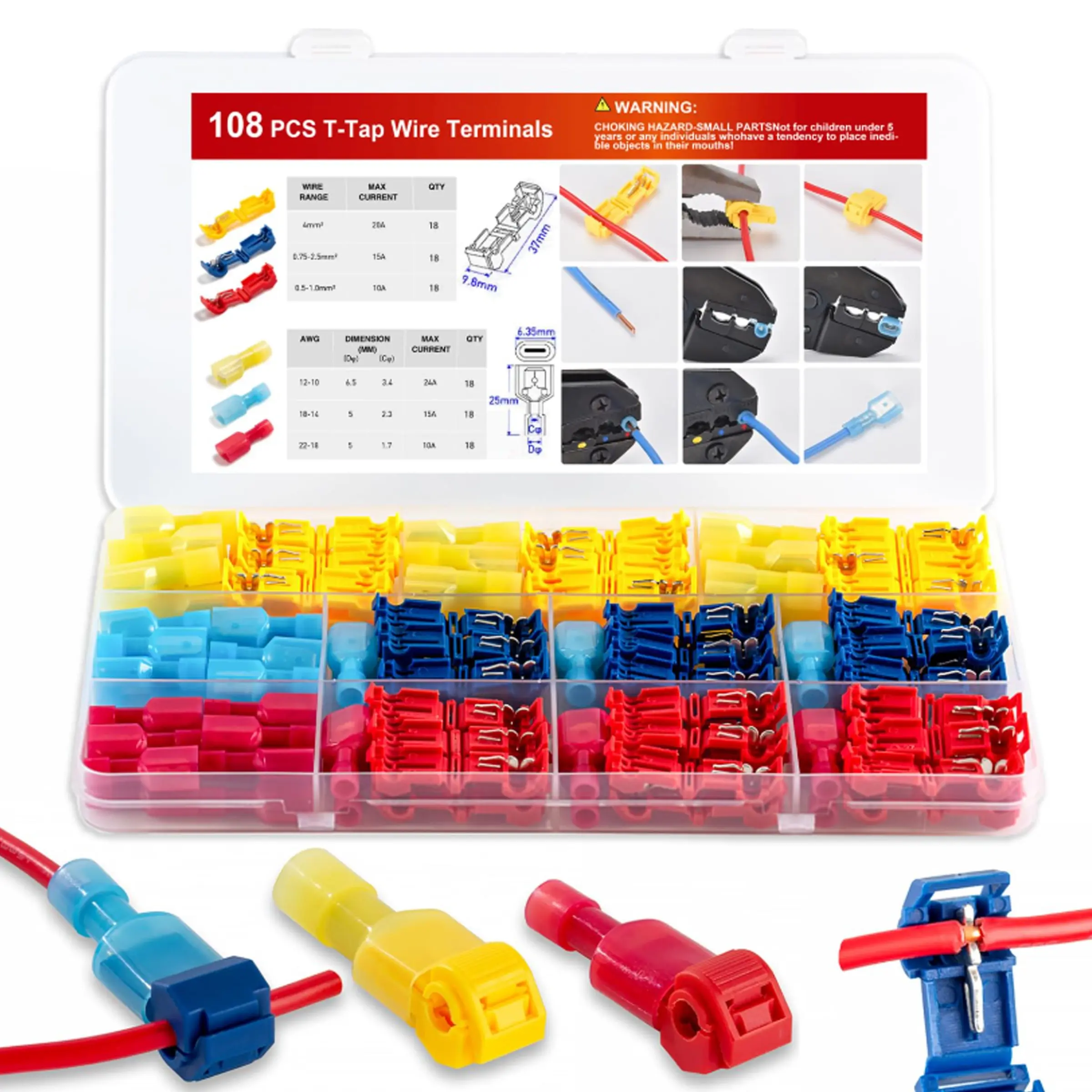 108 Pcs T-Tap Wire Connectors Kit, Quick Splice Self-Stripping Electrical Wire Terminals for Speaker Car Audio, Nylon Fully Insulated Quick Disconnects for Automotive Wiring Nylon Insulation (22-10 AWG)