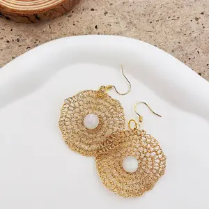 Handwoven copper wire metal-style earrings/ear drops, unisex design; original handmade woven circular statement large earrings; niche unique jewelry; ideal birthday gift, keepsake, and gift for others; original jewelry gift.