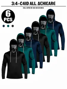 6/3 Pack Men's Sun Protection Long Sleeve Hooded Shirts, 4-Way Stretch Quick Dry Compression Work Shirt with Built-in Face Mask & Neck Gaiter, UV Protection for Fishing Cycling Gardening Outdoor Work hoodies men clothing