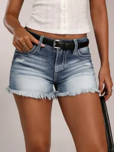 Women's Ripped Denim Shorts, Unique Washed Effect, Medium Wash, Cat Scratch Stitching, Comfortable Stretch Fabric, Casual Fashion Streetwear Style