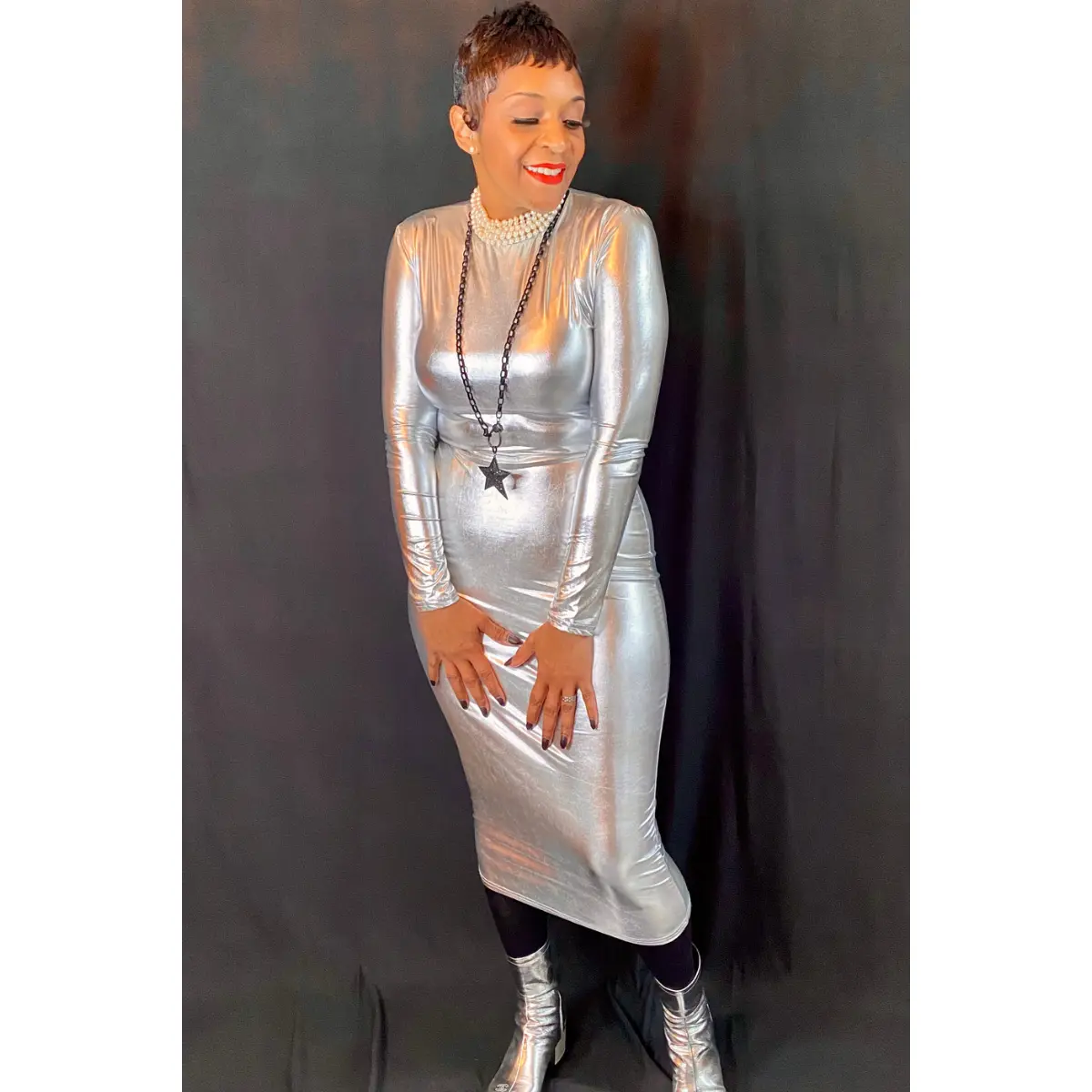 METALLIC SILVER MOCK NECK MIDI