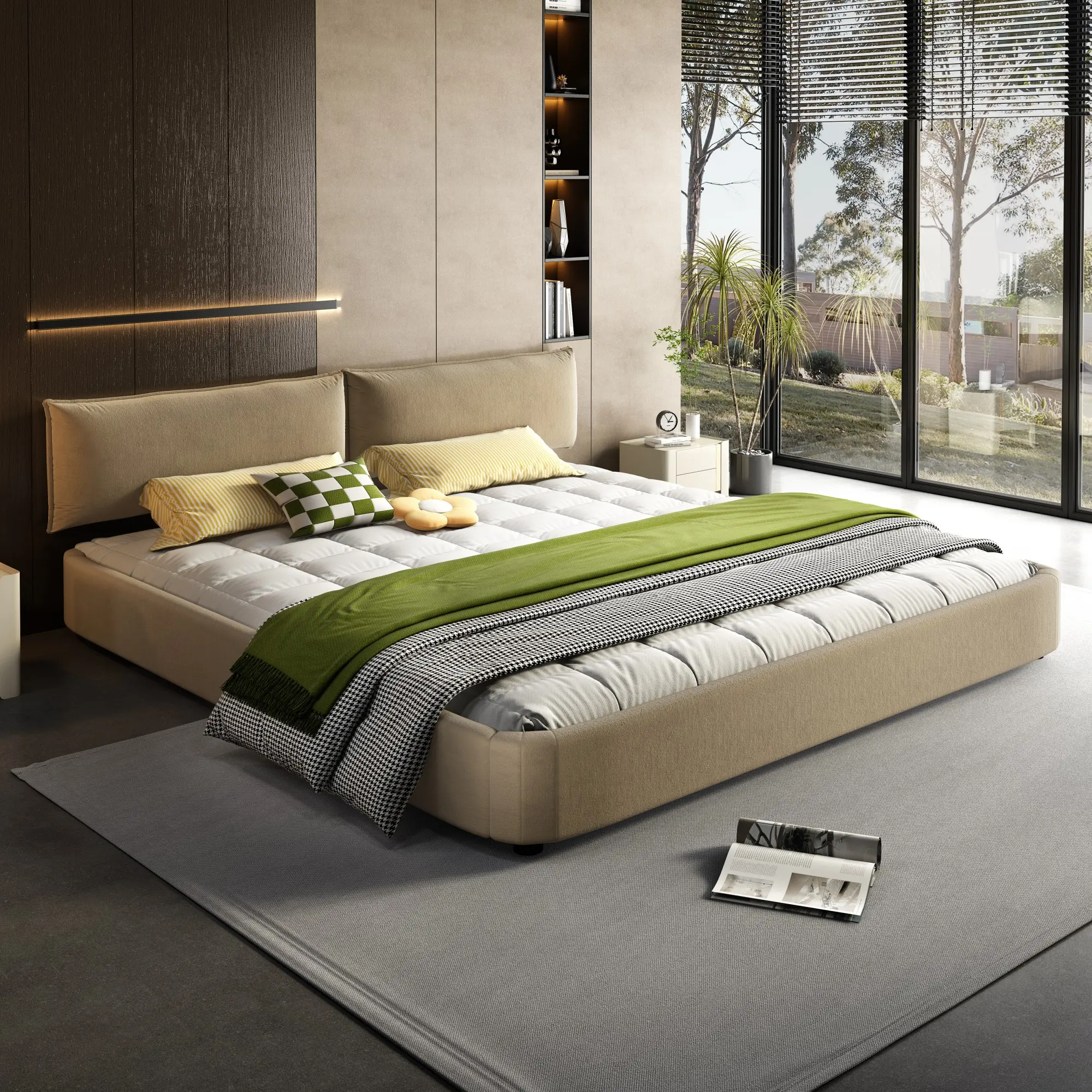 Eyisean King Size Chenille Upholstered Bed Frame, Modern Oversized Cloud Bed with Padded Adjustable Headboard, Durable Round Corner Design Platform Beds with Double Support, No Box Spring Needed & Noise-Free for Bedroom(Not Include Mattress)