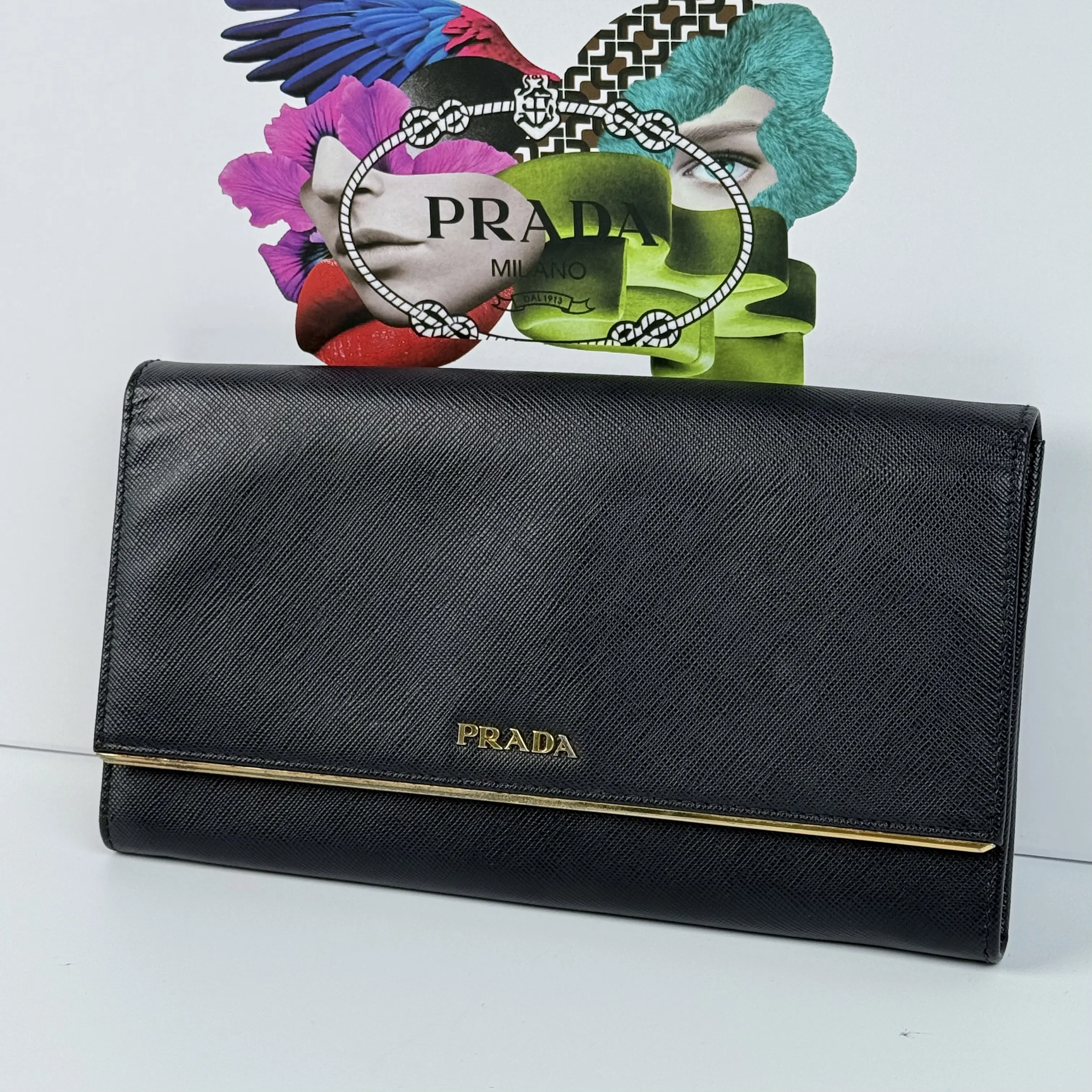 Pre-owned PRADA Black Saffiano Leather Gold tone Trim Flap Long Wallet
