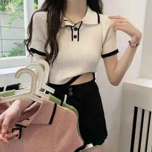 New styleContrast Color Polo Collar Shoulder Knitted Short Sleeves T-shirt's Summer Slim-Fitting Design Sense Niche Short Tops