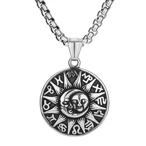 OIDEA Men's Stainless Steel Sun Moon Zodiac Necklace, 12 Constellations Vintage Round Pendant, 22-Inch Wheat Chain, Astrology-Themed Dark Gothic Cosmic Symbol Punk Gift, Astrology-Themed Necklaces, Dark Gothic Necklaces
