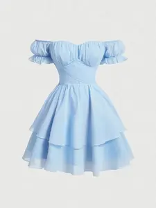 SHEIN MOD Solid Color Off Shoulder Vintage Dress