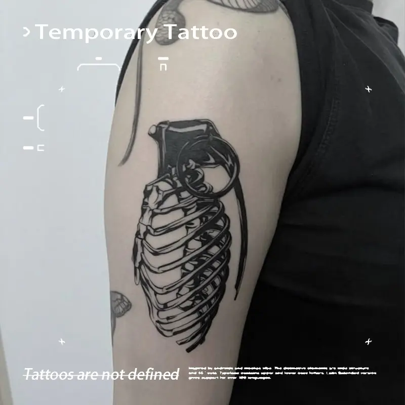 Dark Ribcage Grenade Herbal Juice Temporary Tattoo Semi-Permanent Waterproof Long-Lasting Cool Fake Tattoo Stickers for Arms Men Women