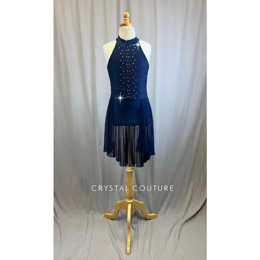 Custom Navy Lace and Mesh Halter Dress -Rhinestones
