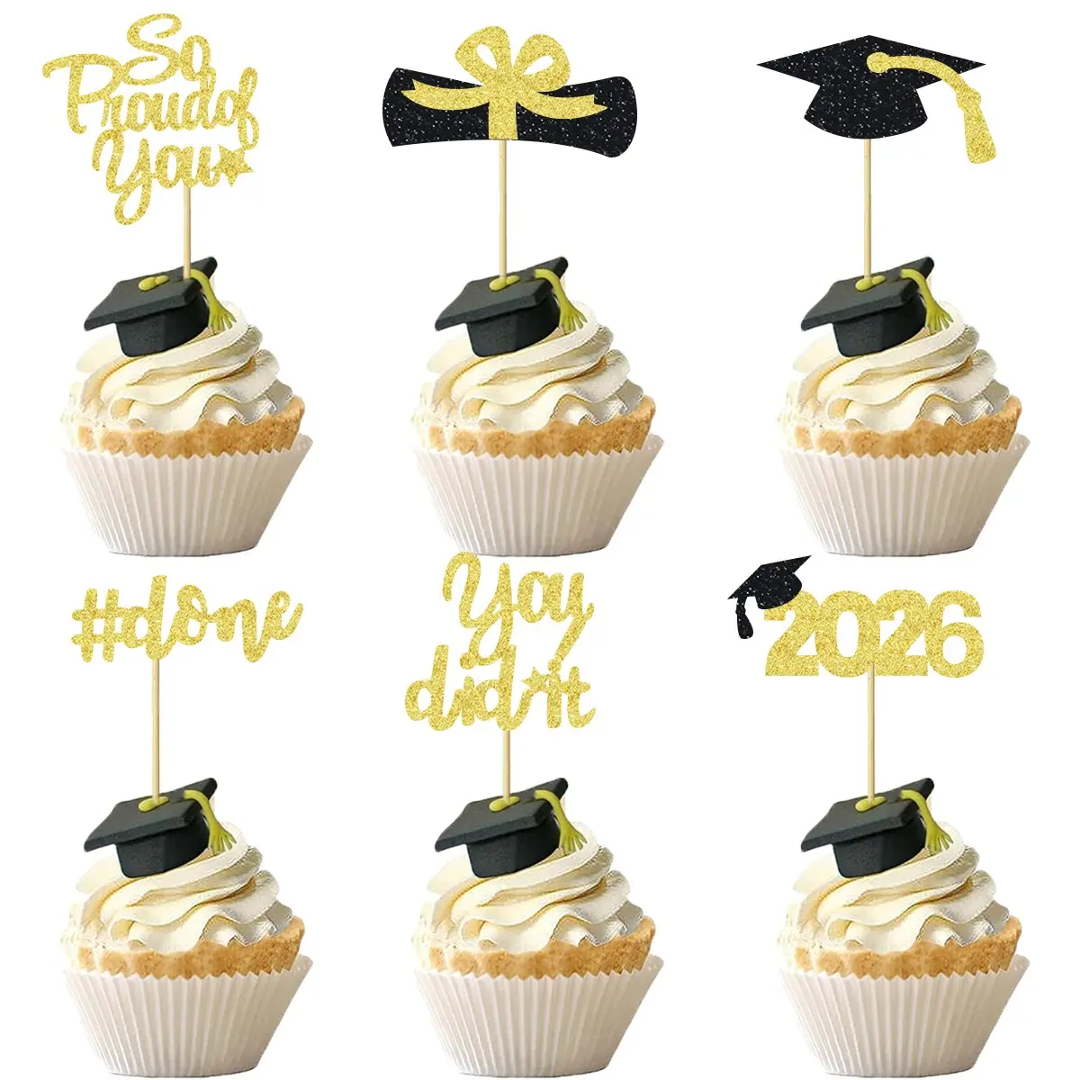 12/24pcs Glitter 2026 Graduation Cupcake Toppers Glitter So Proud of You Done Diploma Grad Cap Cupcake Picks You Did it Cake Decorations for 2026 Graduation Theme Party Decorations Supplies Cream Cake Decorations Cake Decorating