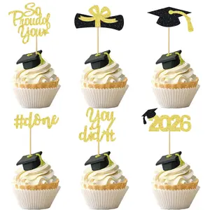 12/24pcs Glitter 2026 Graduation Cupcake Toppers Glitter So Proud of You Done Diploma Grad Cap Cupcake Picks You Did it Cake Decorations for 2026 Graduation Theme Party Decorations Supplies Cream Cake Decorations