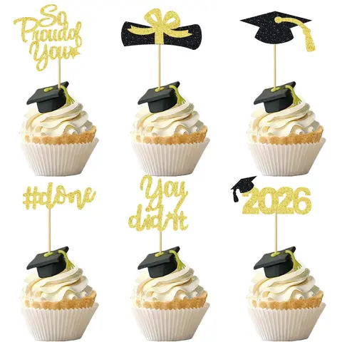 12/24pcs Glitter 2026 Graduation Cupcake Toppers Glitter So Proud of You Done Diploma Grad Cap Cupcake Picks You Did it Cake Decorations for 2026 Graduation Theme Party Decorations Supplies Cream Cake Decorations Cake Decorating
