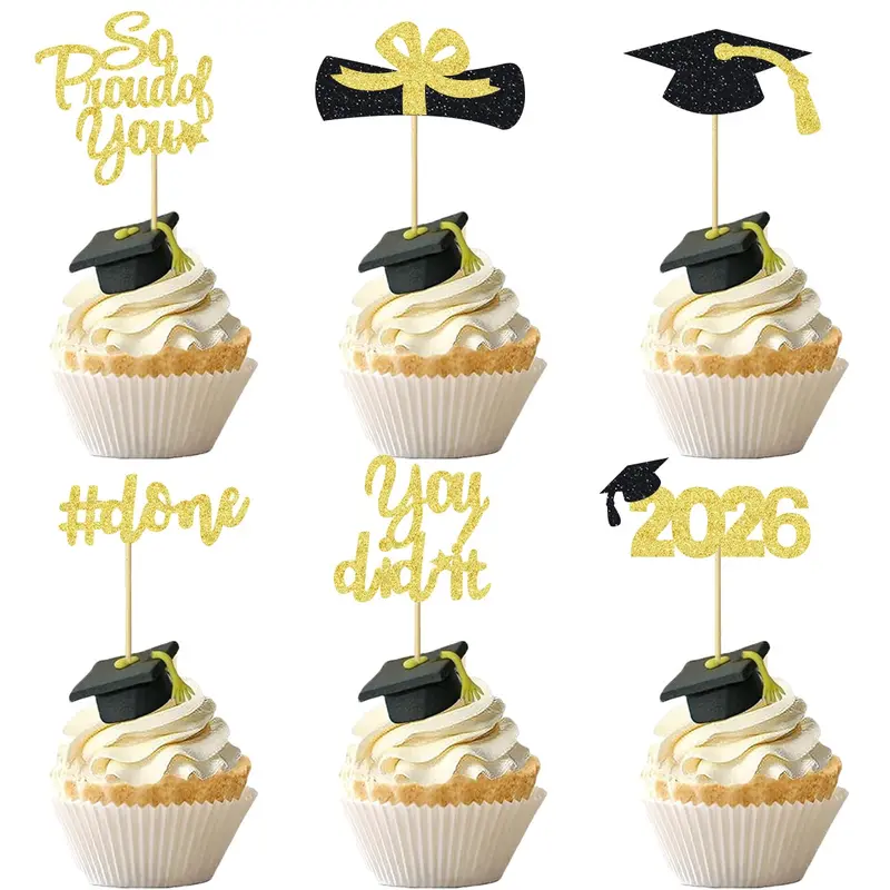 12/24pcs Glitter 2026 Graduation Cupcake Toppers Glitter So Proud of You Done Diploma Grad Cap Cupcake Picks You Did it Cake Decorations for 2026 Graduation Theme Party Decorations Supplies Cream Cake Decorations Cake Decorating