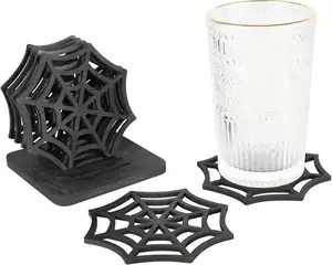 Spiderweb wooden coaster, black spiderweb heat-insulating coaster, 6 Pcs Spider Web Coasters, 4 inch Black Coaster Cup Mat Pad, with Coasters Holder, for Home, Kitchen, Office decorative coaster