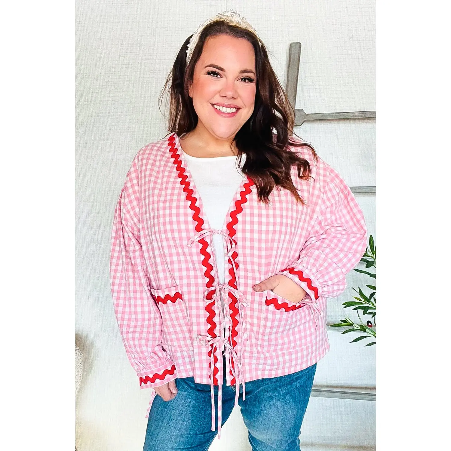 Spell Bound Red & Pink Cotton Ribbon Tie Gingham Pocket Jacket