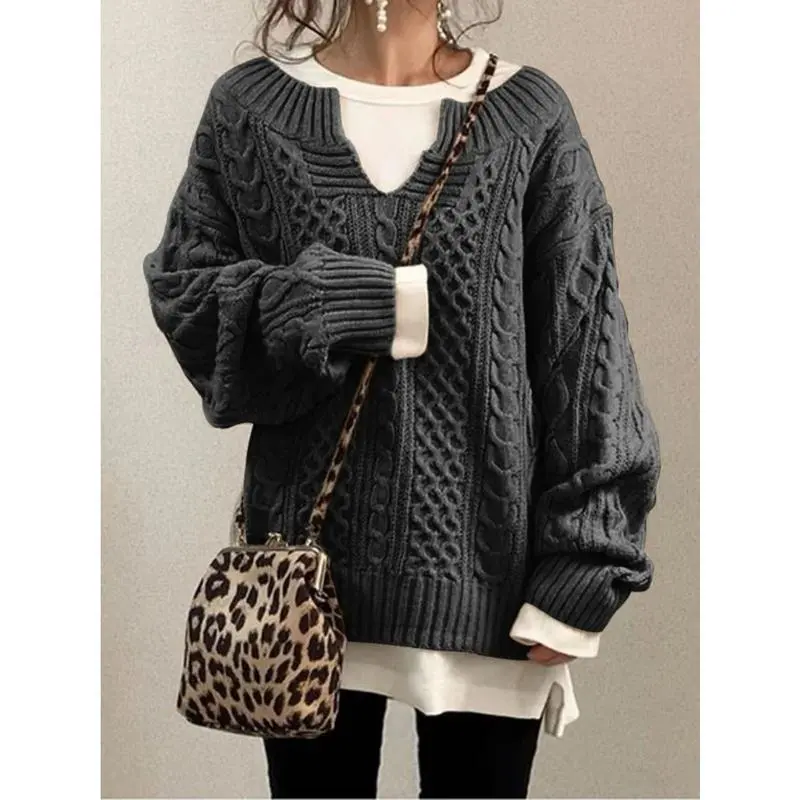 Women's V-Neck Long-Sleeve Cable Knit Pullover Sweater, Casual Winter Fall Chunky Knit Outwear for Birthday, Athletic Mum with Leggings & Dress Compatibility - TreeSoul Couture, Party, Knitwear, Lady, Tops, Knitted