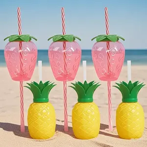 3pcs Strawberry Pineapple Cup Cute Shape Disposable Plastic Straw Cup Transparent Pet with Straws, Non-Toxic Environmental Feature