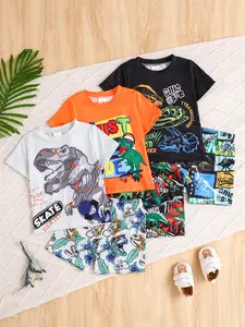 Boys' Summer Casual Set, Playful 6-Piece Short Sleeve Top & Shorts, Breathable Lightweight Fabric, Dinosaur Print, //olive