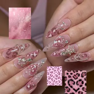 Pink Galaxy Leopard Press On Nails, Dusty Rose Glitter Ombre, Soft Leopard Pattern Nail Art, Silver Star Charms & Crystal Details, Glossy Almond Handmade Press On Nails, Romantic Y2K Luxury Gift for Her