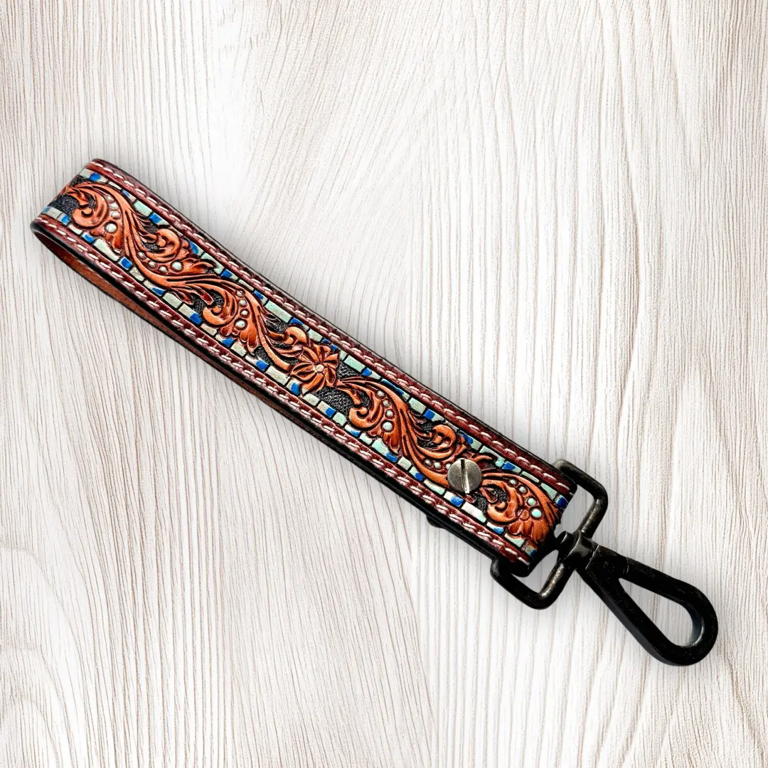 Blue Dot Tooled Leather Wristlet Keychain