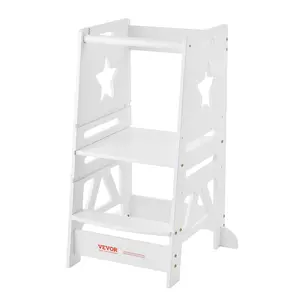VEVOR Tower Step Stool, TikTokShopBlackFriday, 3-Level Height Adjustable Toddler Step Stools for Kids, Kitchen Stool Bamboo Standing Tower Learning Stool with Safety Rail for Kitchen Counter Bathroom, 350LBS, White