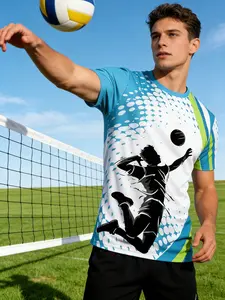 Men's American High Street Volleyball Silhouette Jersey, Loose Fit Sport Short Sleeve, Comfortable Breathable Fabric, Blue Block Tee