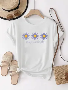 Flowers And Plants Print T-Shirt, Short Sleeve Crew Neck Casual Top for Summer & Spring, Women'S Clothing