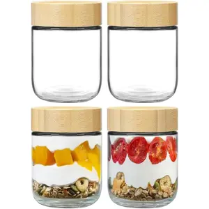 4 Pack Overnight Oats Containers with Bamboo Lids, 16 oz Wide Mouth Jars, Airtight Jars Oatmeal Cups for chia Pudding Yogurt Salad Cereal, Meal Prep Containers with Lids