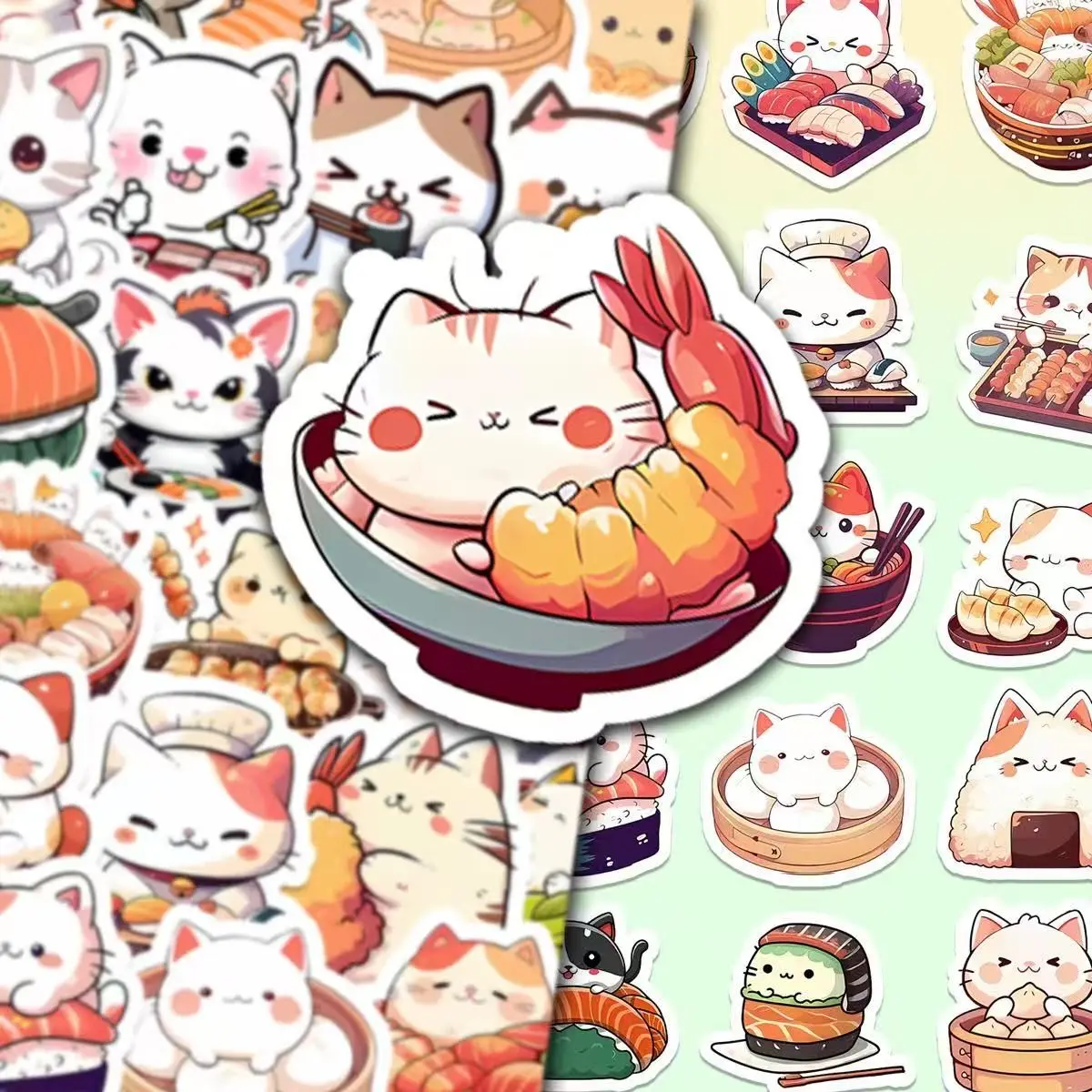 50Pcs Kawaii Sushi Cat Cartoon Stickers Pack, Waterproof Cute Japanese Food & Anime Kitten Vinyl Decals for Water Bottle, Laptop, Journal & Scrapbook, Cat Lover Gift