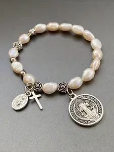 Women's Casual Long Sleeve Top, Plain Pattern, Round Neckline, Short Sleeves Design, Perfect for Daily Wear & Office Use, Faux Pearl Jewelry, Pearl Bracelet, Pretty Bracelet