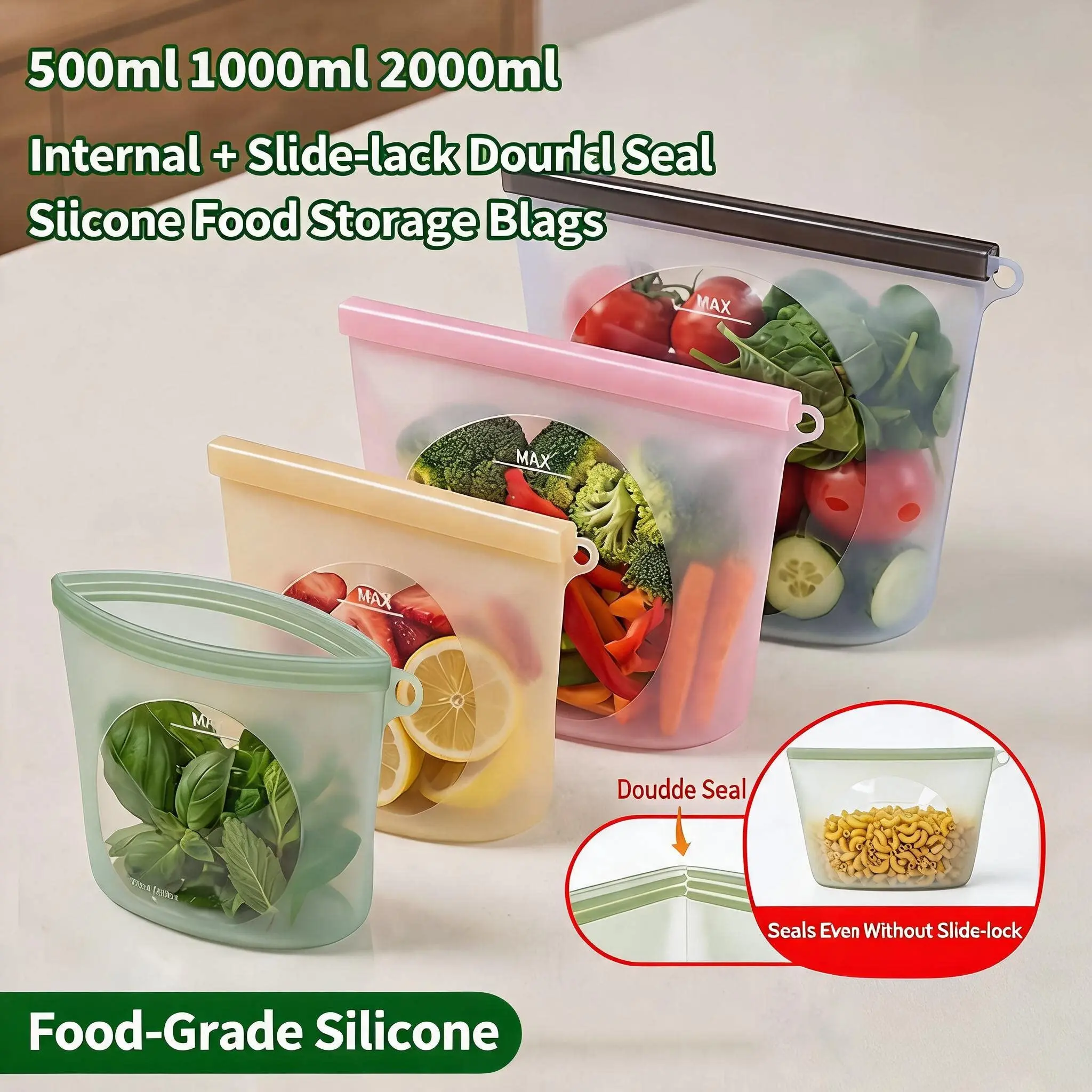 Reusable Silicone Food Storage Bags, Dishwasher Oven Microwave Freezer Safe, Eco-Friendly Platinum, Leakproof Sous Vide Bags, Premium Lunch Containers