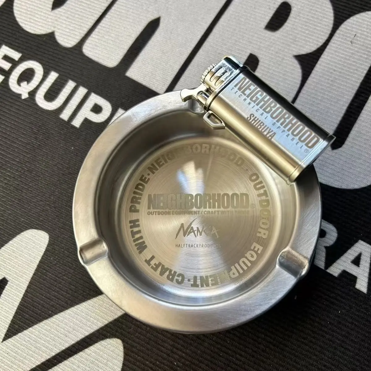Brushed Metal Round Ashtray Engraved Text Desktop Ash Holder for Indoor Outdoor Use