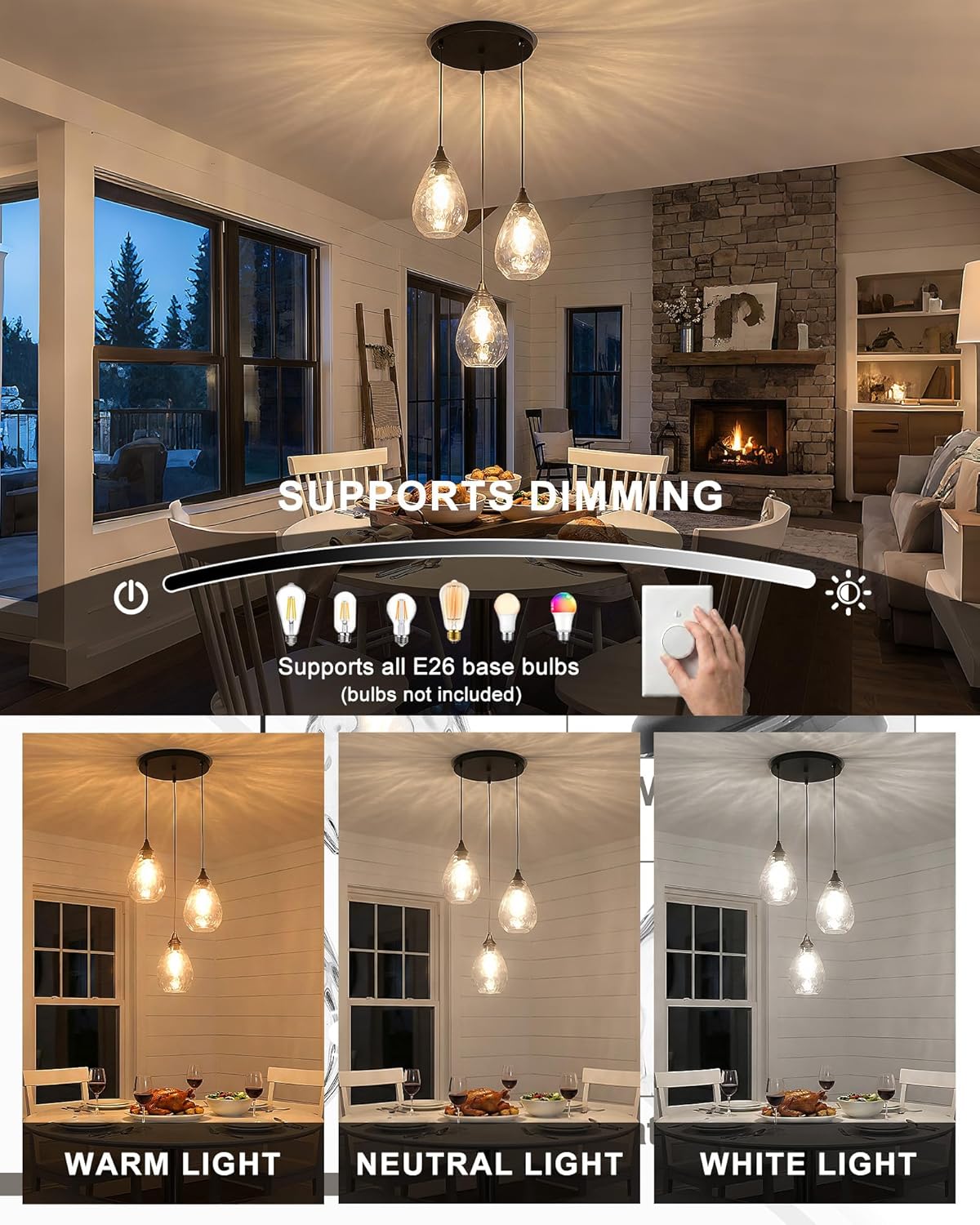 Black 3-Light Pendant Lighting, Modern Dining Room Light Fixture Over Table with Hammered Glass Cluster Hanging Lights for Kitchen Island Dining Room