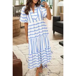 Sky Blue Stripe Ricrac Trim Notched Neck Half Sleeve Vacation Dress