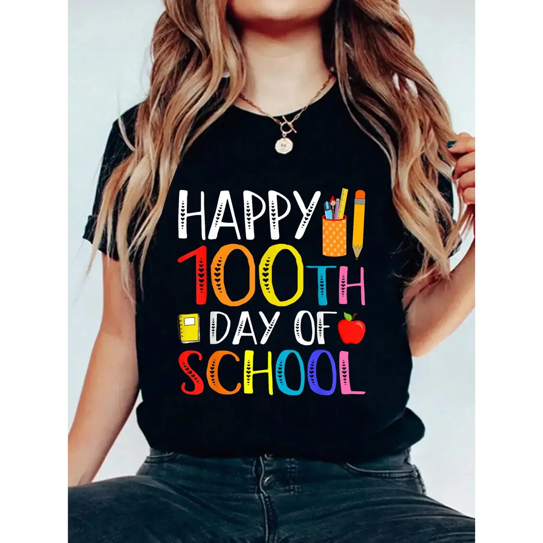 100 Days Of School Teacher And Student Print Round Neck Short Sleeve T-Shirt For Women Casual, Summer , Women Top Graphic Tees Women Tops